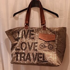 Mona B Brown Travel Tote with Bicycle Design